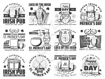 Happy Patricks day greeting and party beer pub icons. Vector Saint Patrick with shamrock clover leaf, leprechaun in hat with beard and mustache, coins cauldron and horseshoe with stars, drum and hat