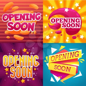 Opening soon cartoon banners and shop store signs with vector stars. Grand opening or soon open banners with cartoon bubbles and shining sparkles, shop ceremony or celebration event signs and posters