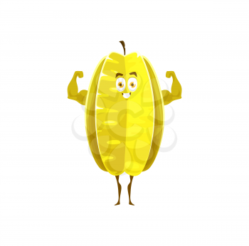 Cartoon powerful carambola fruit character. Exotic star fruit cute mascot posing, showing biceps muscles, strong and healthy starfruit funny vector character, happy smiling personage