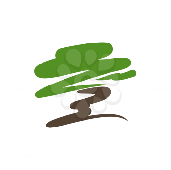 Bonsai garden tree icon, Japanese pine silhouette in calligraphy vector. Japan bonsai branch in oriental Zen park, stylized calligraphic symbol of gardening and horticulture designing