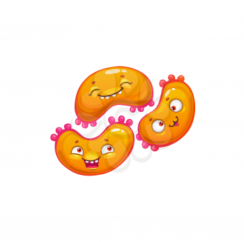 Cartoon virus cell vector icon, cute triple bacteria with happy faces, funny germ character. Smiling pathogen microbe mascot or emoticon, isolated micro organism symbol