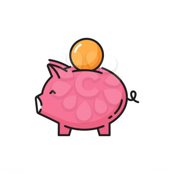 Piggy money bank with coin isolated flat line icon. Vector pink pig animal moneybox, financial economy and deposit, bonus revenue symbol. Save money concept, poverty and debt, saving budget