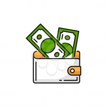 Leather wallet purse with paper money banknotes isolated flat line icon. Vector deposit or financial profit, buying and shopping sign. Leather purse with banknotes inside, symbol of financial income