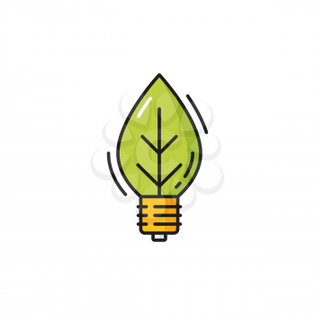 Lightbulb in shape of leaf plant, eco environment isolated color line icon. Vector pure planet and save the Earth concept, renewable green energy source, lightbulb with leaf, innovation technologies