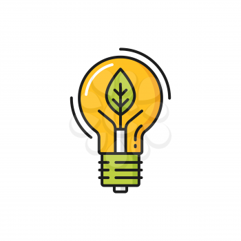 Lightbulb in shape of leaf plant, eco environment isolated color line icon. Vector pure planet and save the Earth concept, renewable energy. Renewable energy source, yellow lightbulb with leaves
