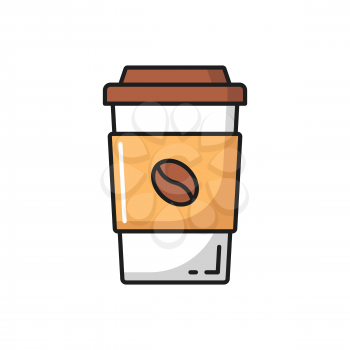 Paper coffee cup with lid and bean flat line icon. Vector disposable tea or cocoa cup with cover, hot drinks package. Takeaway fastfood beverage, takeout drink in plastic or glass container, mockup