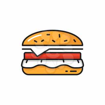 Hamburger fastfood snack food delivery icon isolated. Vector cheeseburger or tasty burger with chopped meat, cheese and veggies. Takeout takeaway street food delivery, hamburgers online order