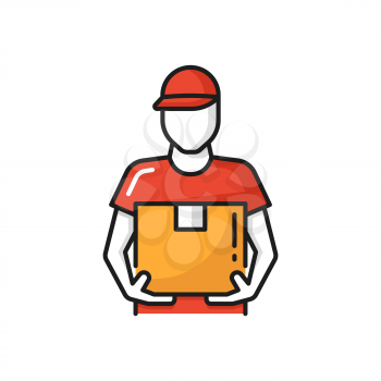 Courier in cap, box pack in hand, express delivery isolated line icon. Vector postman with package cardboard parcel. Express shipping and food delivery, online orders, postal service, fastfood