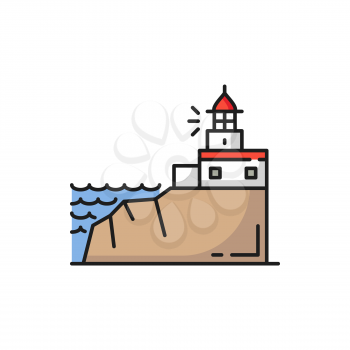 Cabo da Roca in Sintra, Portugal landscape icon isolated. Vector Portugal searchlight tower in Sintra,. Vector Portuguese famous place, landmark sightseeing. Beacon on rock, blue ocean and waves