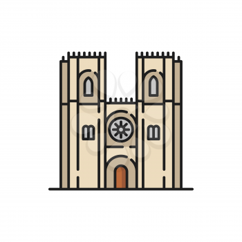 Portugal catholic religion cathedral isolated color church flat line icon. Vector exterior design of medieval church with entrance and windows, two tower religious landmark, facade with star
