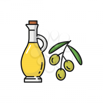 Jar with olive oil and branch of ripe berries isolated flat line icon. Vector portuguese oils on twig with leaves, natural cosmetics and glass bottle of extra virgin oil food dressing, healthy plant