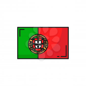 Portuguese national flag with coat of arms emblem in red and green colors. Vector European country symbol, Portugal independence day and patriotic holidays sign, banner shield, group of five, lesser