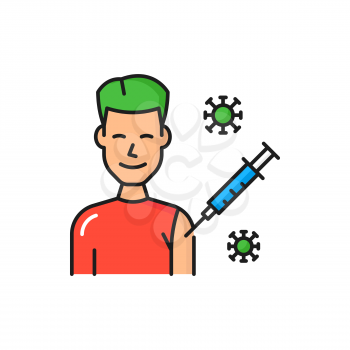 Virus vaccine, vaccination isolated color line icon. Vector coronavirus prevention, patient with needle inject, virus immunity shot, illness therapy. Vaccine against corona, health care, stop corona