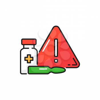 Stop pills, drugs and vaccination, vaccine vial isolated color line icon. Vector stop narcotic prevention triangle with exclamation sign. Rejecting preventive coronavirus, vaccine medicines refusal