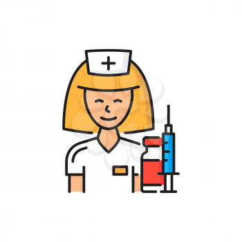 Doctor nurse woman with pills and drugs, syringe shot isolated color line icon. Vector antiviral vaccine and immunization inject. Healthcare and medicine worker, syringe and medicament, vaccination