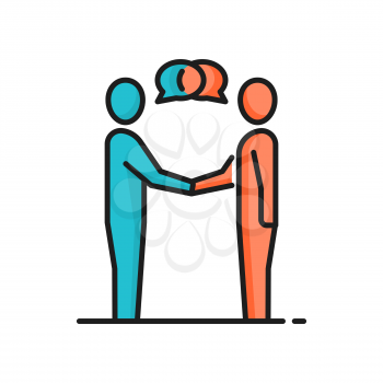 Businessmen shaking hands isolated icon. Vector communication of two business people, conversation of coworkers, dialog discussion and contact, partnership, teamwork collaboration, speech chat bubbles