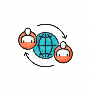Global collaboration, online communication people isolated color line icon. Vector people avatars and globe, distance education concept. Support anywhere, worldwide cooperation, modern technologies