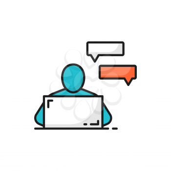 Freelancer chatting on compute, speech bubbles isolated color line icon. Vector businessman character or freelancer chatting on computer with speech bubble. Learning studying online, dialogue message