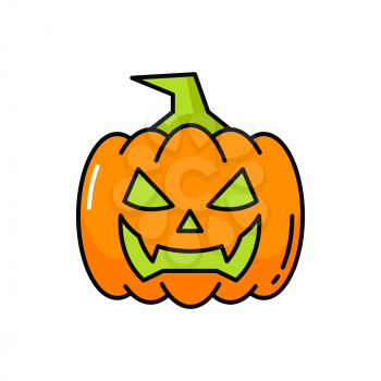 Scary jack-o-lantern pumpkin Halloween party sign isolated outline icon. Vector squash with triangle eyes and mouth, pumpkin with stem, autumn vegetable. Gourd with angry smile, illuminated lantern