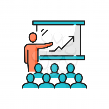 Presenter leader, workers managers brainstorming isolated presentation and discussion line icon. Vector man speaker pointing on chart board with growing arrow. Seminar or conference, teacher, students
