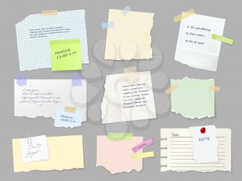Notes paper sheets attached with adhesive tape. Meeting reminder, to-do list and memo notice, letter on piece of paper, notepad or notebook page with torn sides and stickers 3d realistic vector set