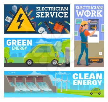 Electrician service worker and clean, green energy banner. Worker repairing or maintaining breaker panel, electric car charging battery on charging station, hydroelectric and wind power station vector
