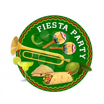 Mexican fiesta party food and drinks. Vector maracas, tequila margarita, burrito, chilli peppers and jalapeno, corn tortilla quesadilla, trumpet and guava, Viva Mexico and Mexican holiday design