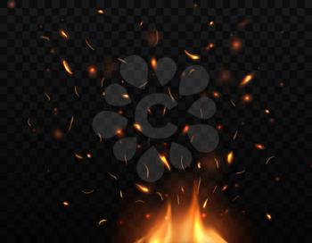 Fire, burning bonfire with sparks and embers flying up, vector glowing flame with particles. Realistic 3d blaze fire with sparks flying in air. Firestorm, inferno, balefire isolated on dark background