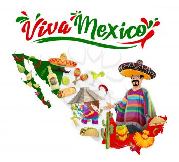 Viva Mexico vector poster with Mexican man in sombrero and poncho, maracas, kukulkan temple and map with pinata. Cartoon traditional symbols tequila, tacos and jalapeno, isolated label with typography