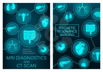 MRI research of organs medicine. Vector magnetic resonance imaging medical diagnostic. Healthcare clinic radiology, MRI analysis, diagnostics of digestive, respiratory and urogenital system posters