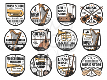 Musical instruments and notes, music vector icons. Isolated badges with piano, harp and guitar, trumpet, horn, trombone and cornet, shamisen, balalaika, lute and lyre, tanbur, duduk, saz and tar