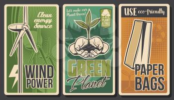 Ecology vector banners, green energy, environment, eco nature and recycling. Ecology power wind turbines, green plant in hands, eco friendly paper bag, forest tree and recycle symbol retro design