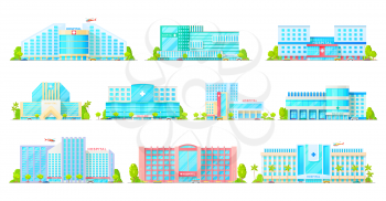 Hospital, medical clinic and ambulatory center vector icons with buildings of medicine and healthcare. Emergency health care hospital buildings with ambulance vehicles, car or truck and helicopter