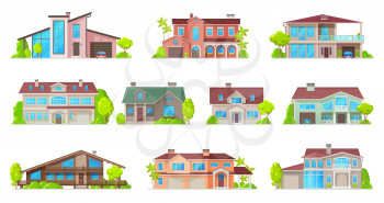 Real estate house vector icons with isolated buildings of residential homes. Cottage, villa, bungalow, townhouse and mansion two storey buildings with mansard roofs, balconies, garages and porches