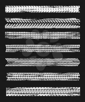Tire prints, tyres track isolated grunge vector car treads white marks. Rally, motocross bike protectors, vehicle, transportation dirty wheels trace. Abstract monochrome pattern, graphic texture set