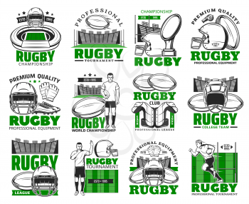 Rugby sport vector icons. American football game isolated signs professional player equipment ball, helmet, boots, gloves and jersey, play field. Rugby sport symbols stadium and referee whistles set