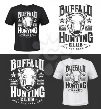 Buffalo bull hunting club t-shirt print mockup, vector wild animal hunt icon. Hunter sport club and African safari adventure symbol of bison or buffalo bull for t shirt print