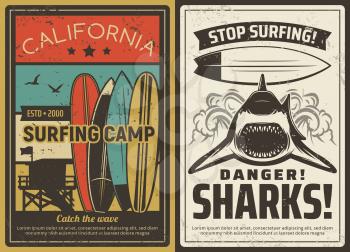 Surfing camp and shark danger warning retro poster. Surfboards and ocean safety lifeguard observation tower, shark with open mouth full of teeth engraving vector. Surfing school vintage banner