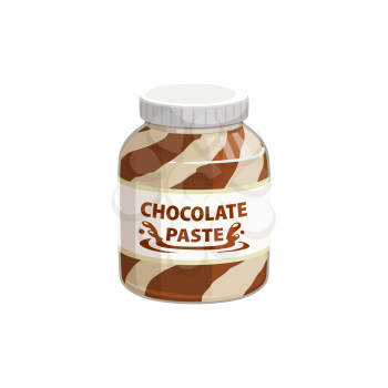 Chocolate spread in jar, cream of hazelnut, cocoa and nougat duo butter paste, vector icon. Chocolate spread or cocoa caramel and hazelnut nougat butter, breakfast food confection and sweet dessert
