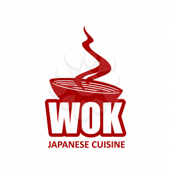 Wok pan icon, Chinese and Japanese cuisine steaming noodles, vector asian restaurant sign. Chinese or Japanese ramen or udon noodles in wok bowl for menu cover of asian food dishes and meals