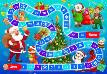 Child Christmas boardgame with Santa Claus and animals cute characters. Kids board game, children winter holidays playing activity book page. Polar bear, penguin and fox, squirrel, elf cartoon vector