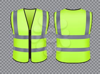 Safety vest jacket, isolated security, traffic and worker uniform wear, vector realistic mockup. Safety vest with retroreflective stripes of green color, security guard or personal protective uniform