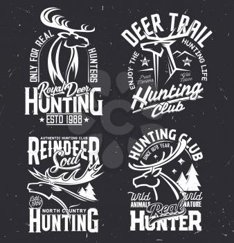 Tshirt prints with deer, vector mascot for hunting club. Reindeer and mountains peaks on black background Hunt outdoor adventure team apparel t shirt design, isolated monochrome labels and typography