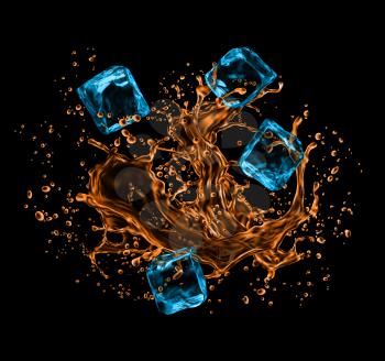 Frozen ice cubes in whiskey splashes, realistic pour flow on vector background. Blue ice cubes splashing to whiskey or bourbon, cognac or rum with sparkling drops and ripples, alcohol drink splash