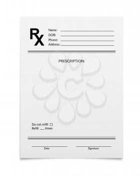 Medical prescription RX form, pharmacy and hospital realistic vector paper blank sheet. RX prescription or doctor and pharmacist note pad or medicine document to refill for patient drugs and pills
