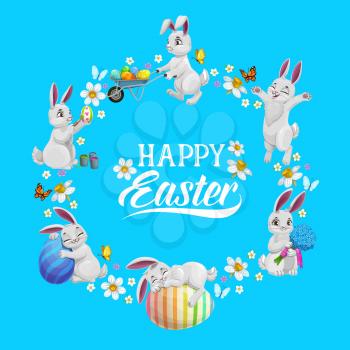 Happy Easter vector flower wreath with bunnies and painted eggs. Cartoon greeting card, round frame made of white narcissus blossoms, cute rabbits, eggs and butterflies. Happy Easter holiday postcard