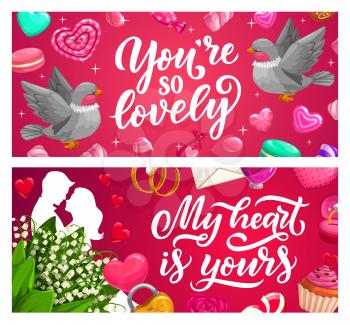 Valentines Day love holiday gifts vector banners. Hearts, couple in love and flowers, wedding and engagement rings, chocolate cake, candies, letter and padlock, rose and lily bouquets