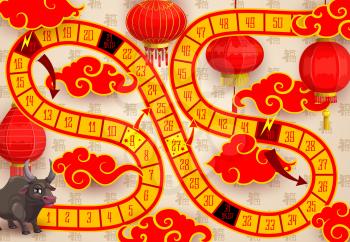 Child New Year board game with Chinese zodiac ox and paper lanterns. Roll and move board game for kids, children playing activity book page. Oriental red lantern and bull character cartoon vector