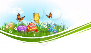 Easter eggs on green grass isolated vector wave, cartoon Easter holidays hunt wavy border with spring blossoms and butterflies. Design element with spring flowers on grass blades under blue cloudy sky