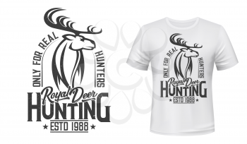 Deer animal, hunting club t-shirt mockup. Vector reindeer wild animal for apparel print custom design. Hunting sport club, deer or reindeer stag head with stars